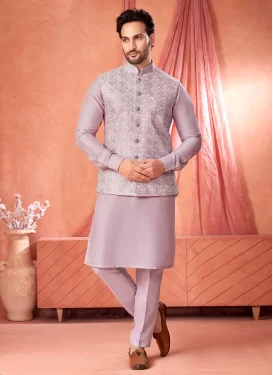 Mauve Art Silk Embroidered Work Kurta Pajama With Jacket for Men