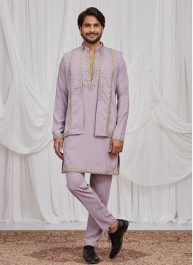 Mauve Fancy Fabric Beads Work Kurta Pajama With Jacket for Men