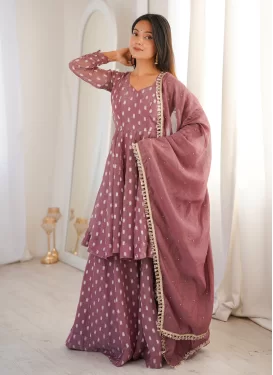 Mauve Pink Crunchy Silk Designer Suit with Woven Work for Festival