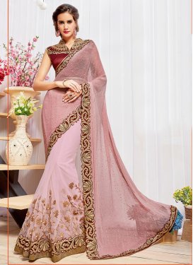 Mesmerizing Maroon and Pink Net Designer Contemporary Style Saree