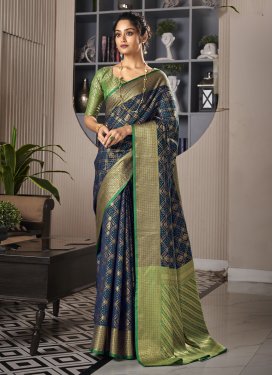 Mint Green and Navy Blue Woven Work Trendy Classic Saree