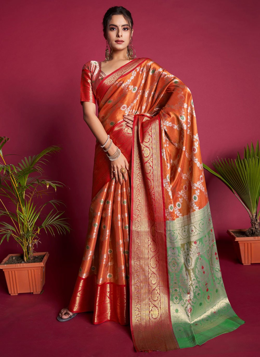 Mint Green and Orange Woven Work Designer Traditional Saree