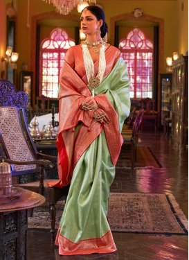 Mint Green and Red Kanjivaram Silk Designer Traditional Saree