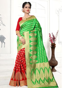Mint Green and Red Thread Work Half N Half Trendy Saree
