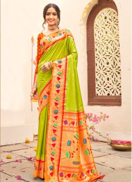 Mint Green and Red Woven Work Traditional Designer Saree