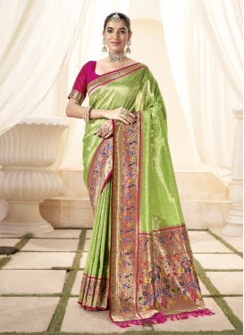 Mint Green and Rose Pink Handloom Silk Designer Traditional Saree