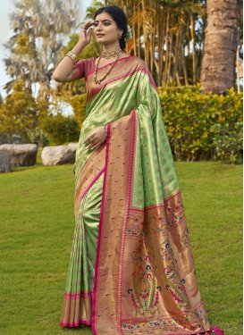 Mint Green and Rose Pink Kanjivaram Silk Designer Contemporary Saree