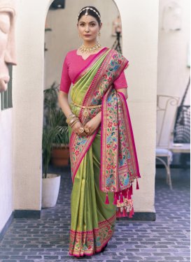 Mint Green and Rose Pink Kanjivaram Silk Designer Contemporary Style Saree