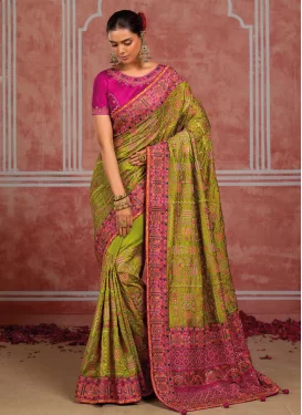 Mint Green and Rose Pink Silk Embroidered Work Traditional Saree for Women