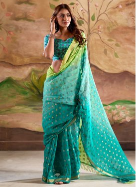 Mint Green and Turquoise Thread Work Designer Contemporary Saree