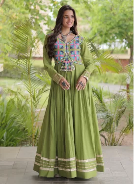 Mint Green Cotton Embroidered Work Trendy Gown for Women