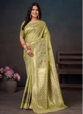 Mint Green Cotton Silk Classic Saree with Woven Work for Ceremonial