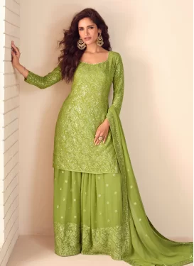 Mint Green Georgette Palazzo Suit with Embroidered Work for Party
