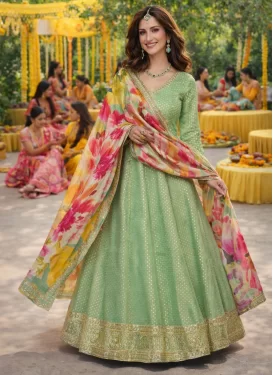 Mint Green Jacquard Silk Designer Gown with Embroidered Work for Festival