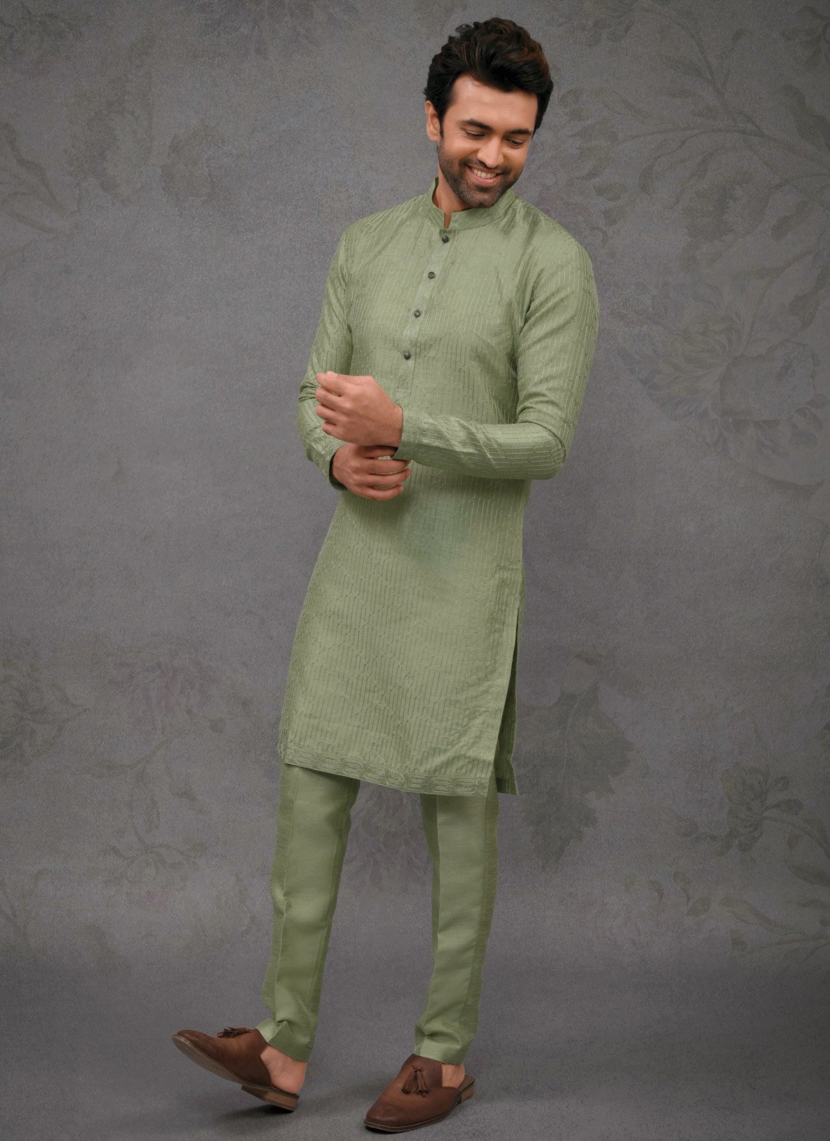 Green silk kurta pajama set with thread work main image 1
