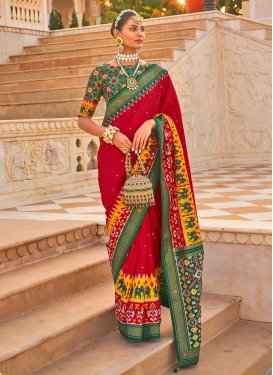 Mirror Work Patola Silk Green and Red Designer Contemporary Style Saree