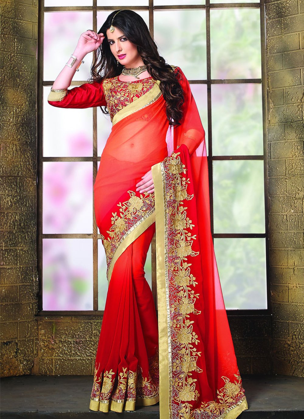 Red Party Wear Saree in Printed Chiffon - SR23440-pokeht.vn