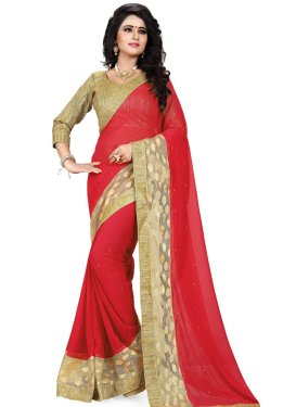 Modernistic Red Color Resham Work Party Wear Saree