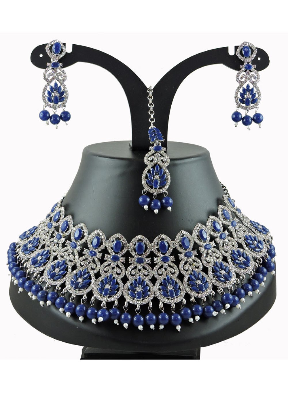 Modest Alloy Silver Rodium Polish Navy Blue and Silver Color Beads Work Necklace Set