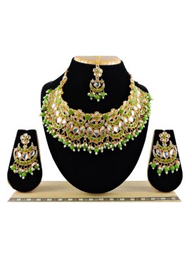 Modest Beads Work Olive and White Alloy Necklace Set