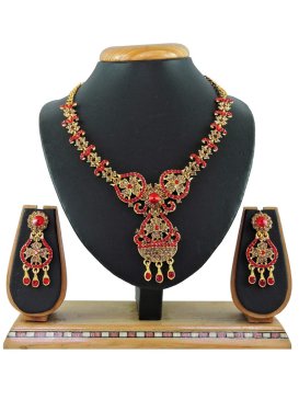 Modest Gold Rodium Polish Beads Work Gold and Red Necklace Set for Ceremonial