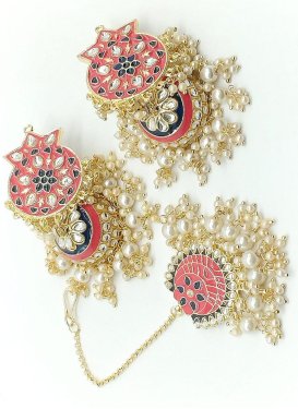 Modest Hot Pink and Off White Beads Work Earrings Set For Festival