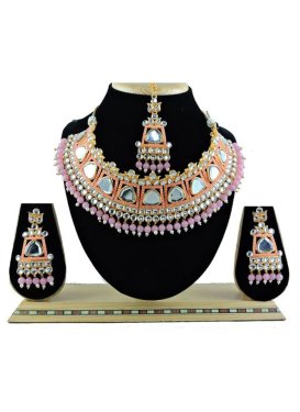 Modest Peach and Pink Beads Work Gold Rodium Polish Necklace Set