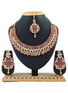 Modest Pink and White Stone Work Gold Rodium Polish Necklace Set