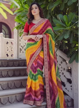 Multi Colour Georgette Traditional Saree with Bandhani Print Work for Ceremonial