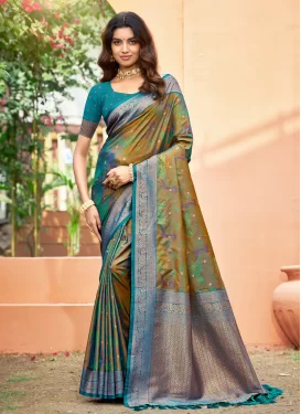 Multi Colour Silk Blend Trendy Saree with Woven Work for Festival