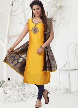 Mustard and Navy Blue Chanderi Silk Readymade Designer Salwar Suit