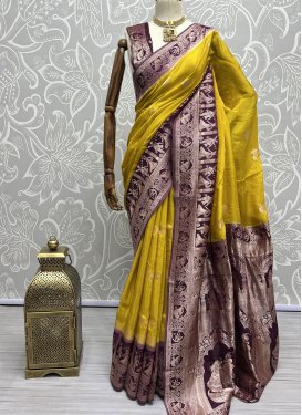 Mustard and Purple Handloom Silk Designer Contemporary Saree