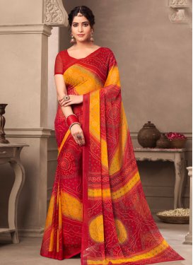 Mustard and Red Bandhej Print Work Faux Chiffon Designer Contemporary Style Saree