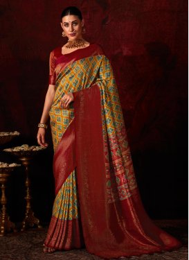 Mustard and Red Designer Contemporary Style Saree For Festival