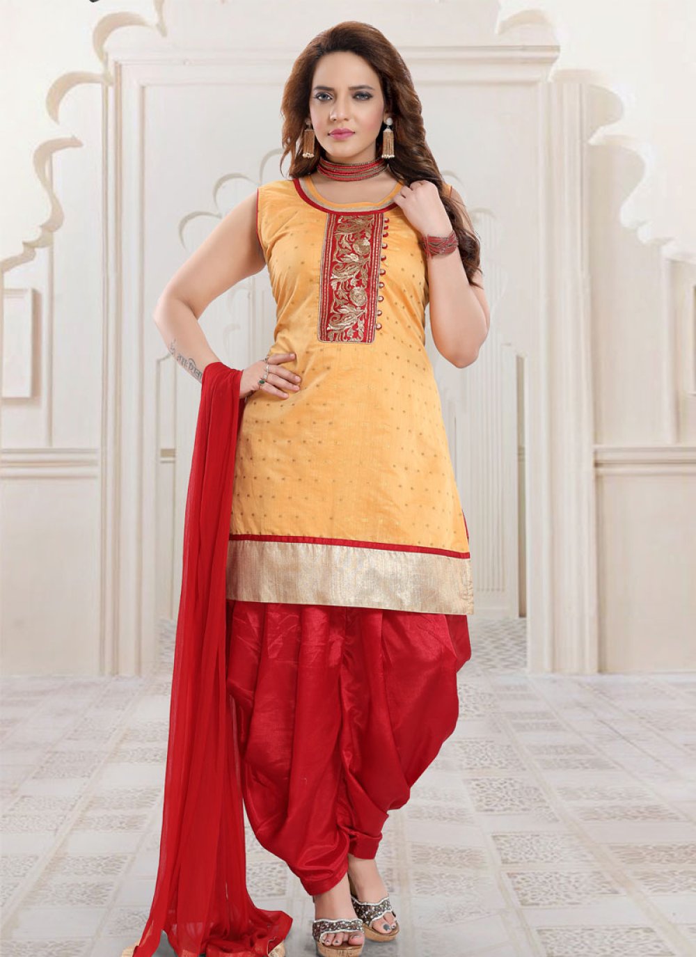 Mustard and Red Embroidered Work Readymade Salwar Suit