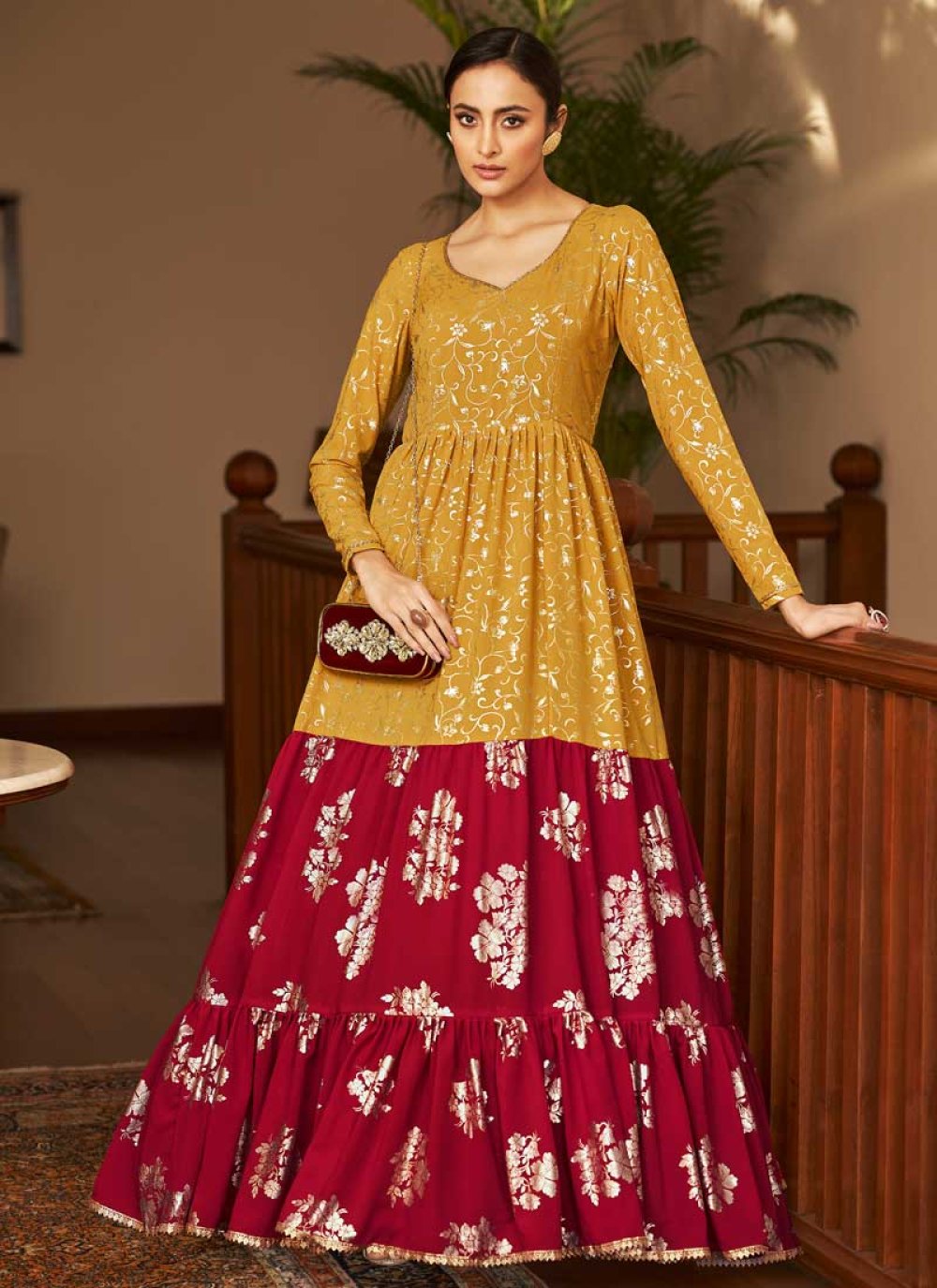 Mustard and Red Faux Georgette Floor Length Gown For Ceremonial