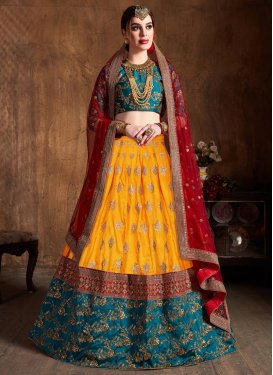 Mustard and Red Trendy A Line Lehenga Choli For Bridal