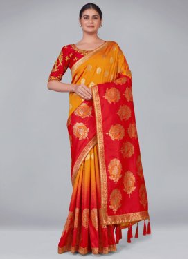 Mustard and Red Woven Work Contemporary Style Saree