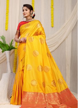 Mustard and Red Woven Work Trendy Classic Saree