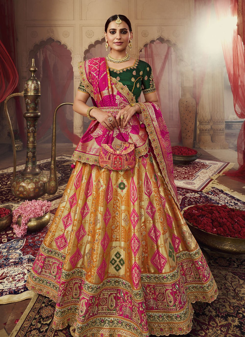 Mustard and Rose Pink Banarasi Silk A Line Lehenga Choli For Bridal