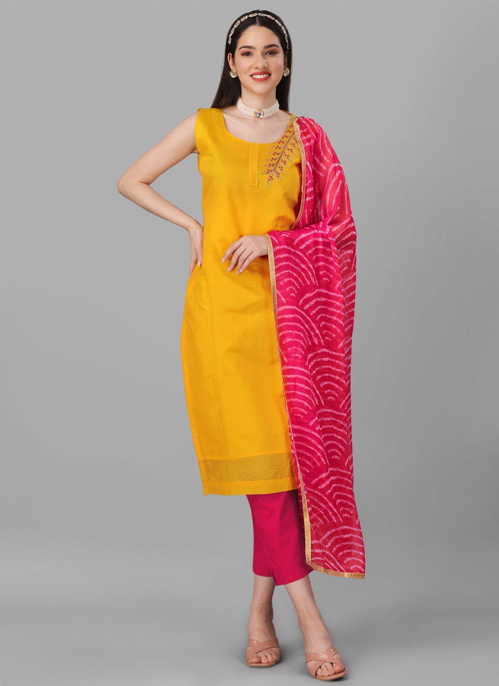 Mustard and Rose Pink Embroidered Work Chanderi Cotton Pant Style Classic Suit