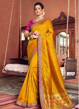 Mustard and Rose Pink Embroidered Work Designer Contemporary Style Saree