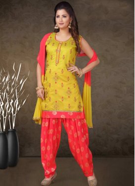 Mustard and Rose Pink Embroidered Work Readymade Designer Salwar Suit