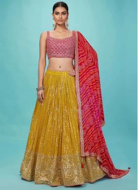 Mustard and Rose Pink Georgette Designer Lehenga Choli with Embroidered Work for Ceremonial