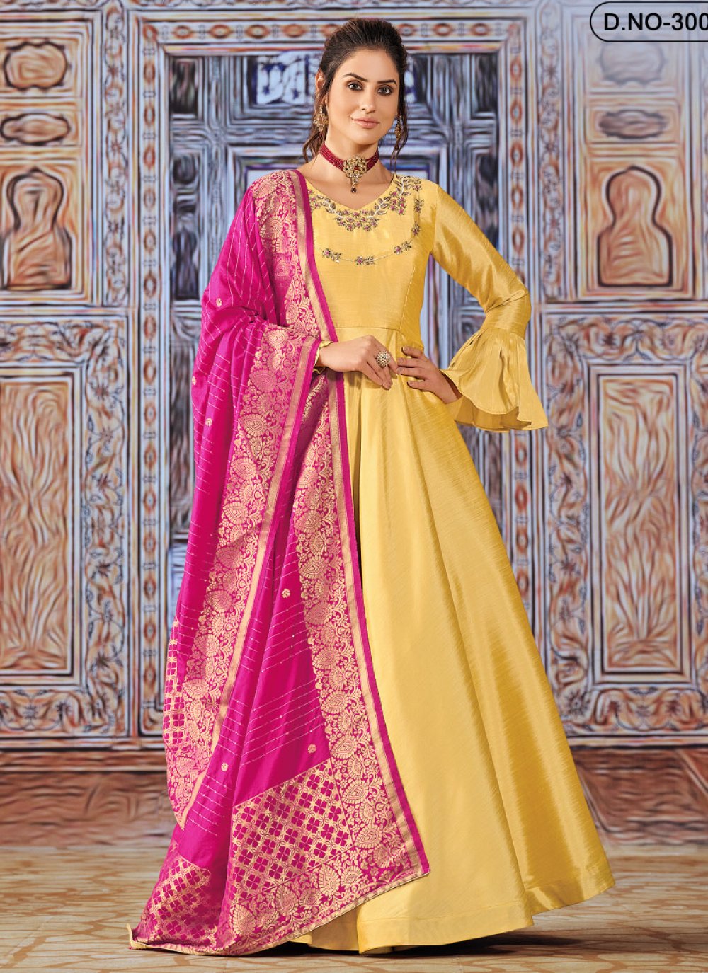 Mustard and Rose Pink Readymade Designer Gown For Ceremonial