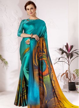 Mustard and Teal Abstract Print Work Satin Designer Contemporary Style Saree