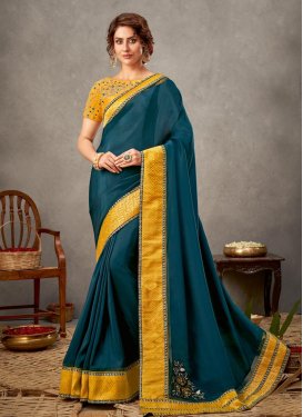 Mustard and Teal Designer Contemporary Style Saree For Festival