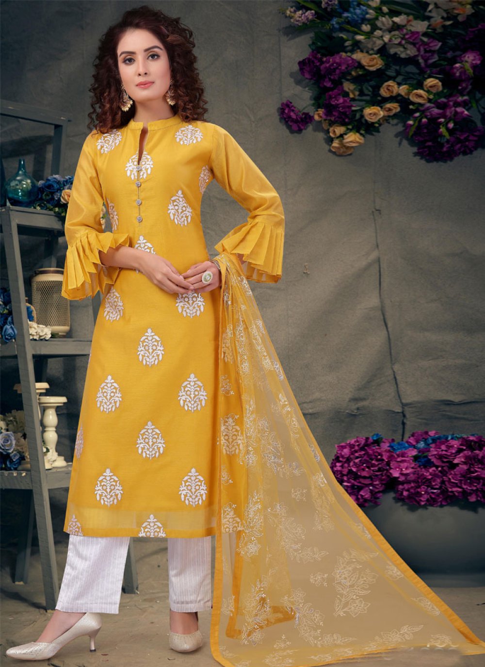 Mustard and White Readymade Designer Salwar Suit