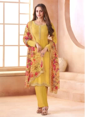 Mustard Chiffon Embroidered Work Straight Suit for Women