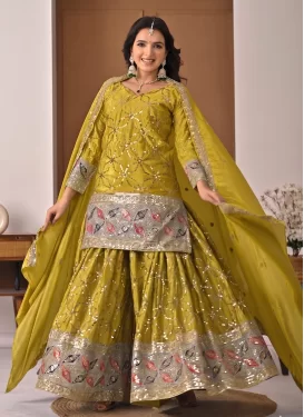 Mustard Chinon Palazzo Suit with Embroidered Work for Festival